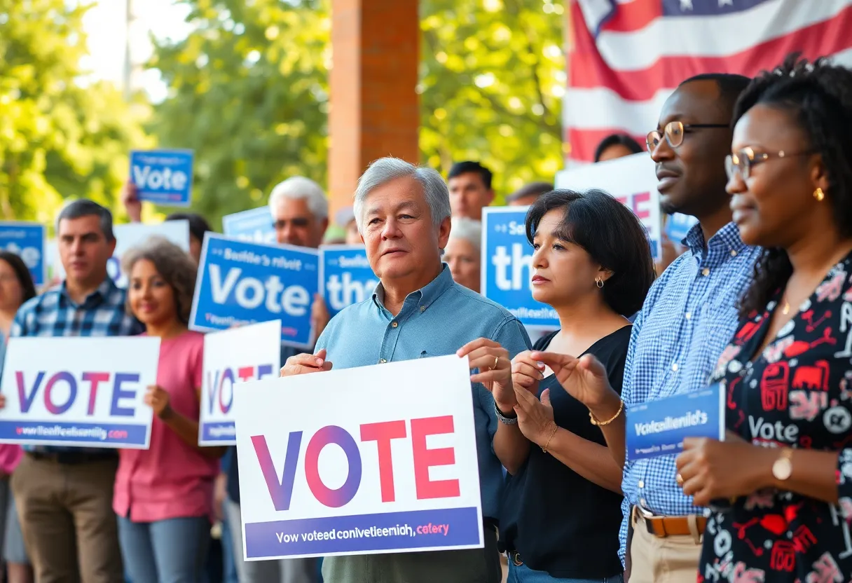 Campaign rally for Taylor Rehmet with diverse crowd