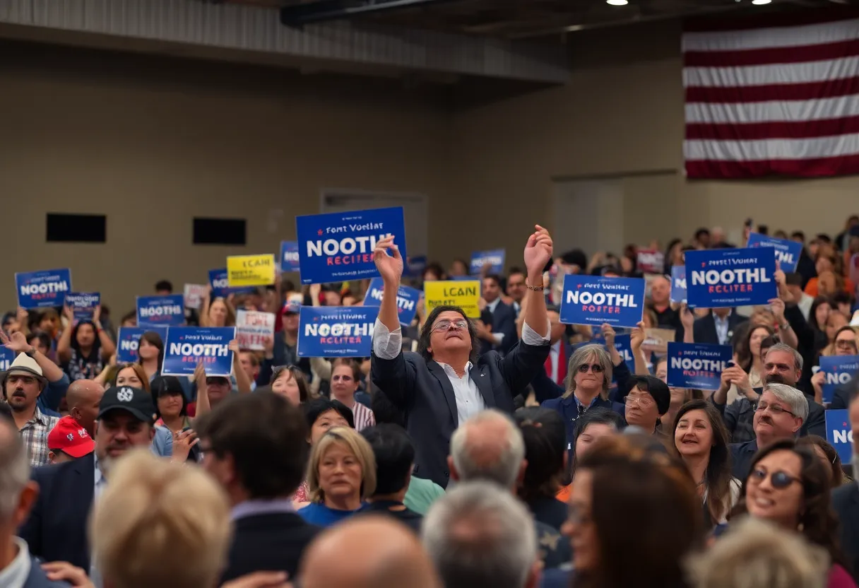 Supporters at Taylor Rehmet's victory rally in Fort Worth, Texas.