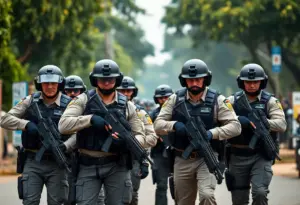 Law enforcement officers engaging in a tactical operation to capture suspects.