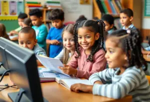 Children in a classroom utilizing learning materials.