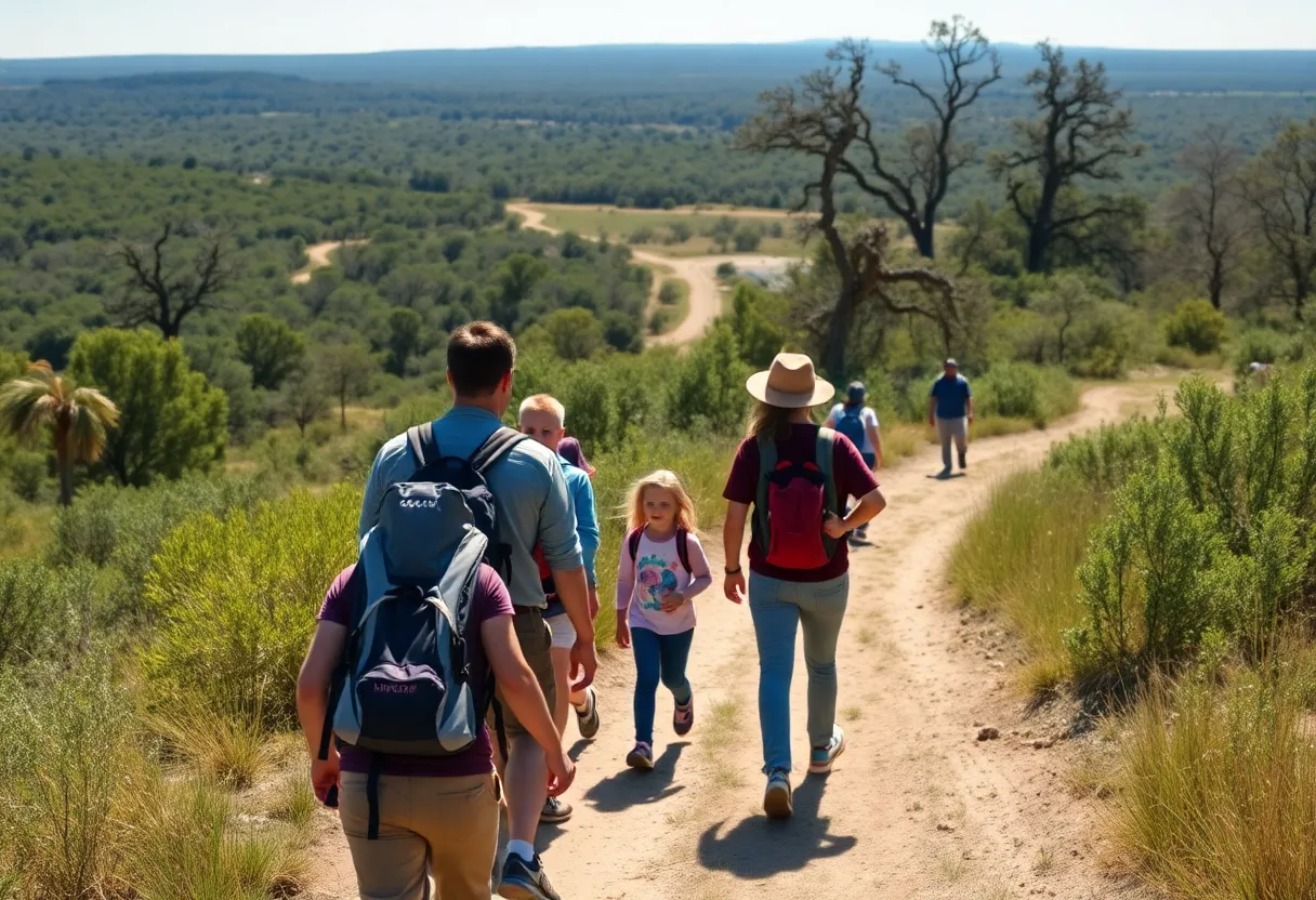 Families hiking in a Texas State Park on New Year's Day.