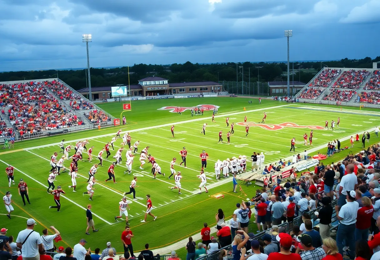 A Texas high school football game showcasing players on the field with fans cheering in the background.