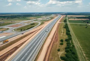 Aerial view of highway construction in Texas with machinery.