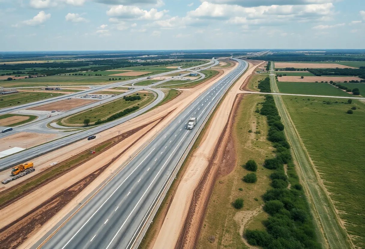 Aerial view of highway construction in Texas with machinery.