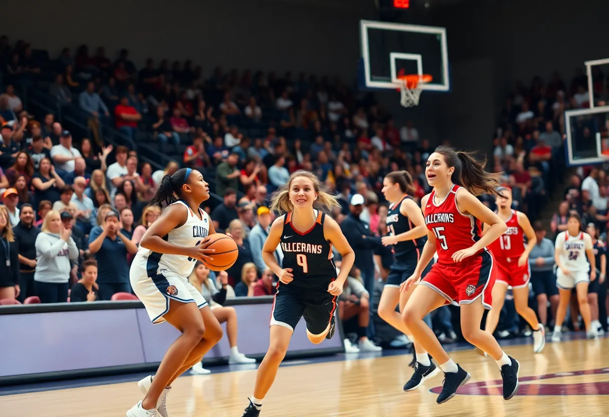 Texas Longhorns players celebrating their victory over LSU in a basketball game.