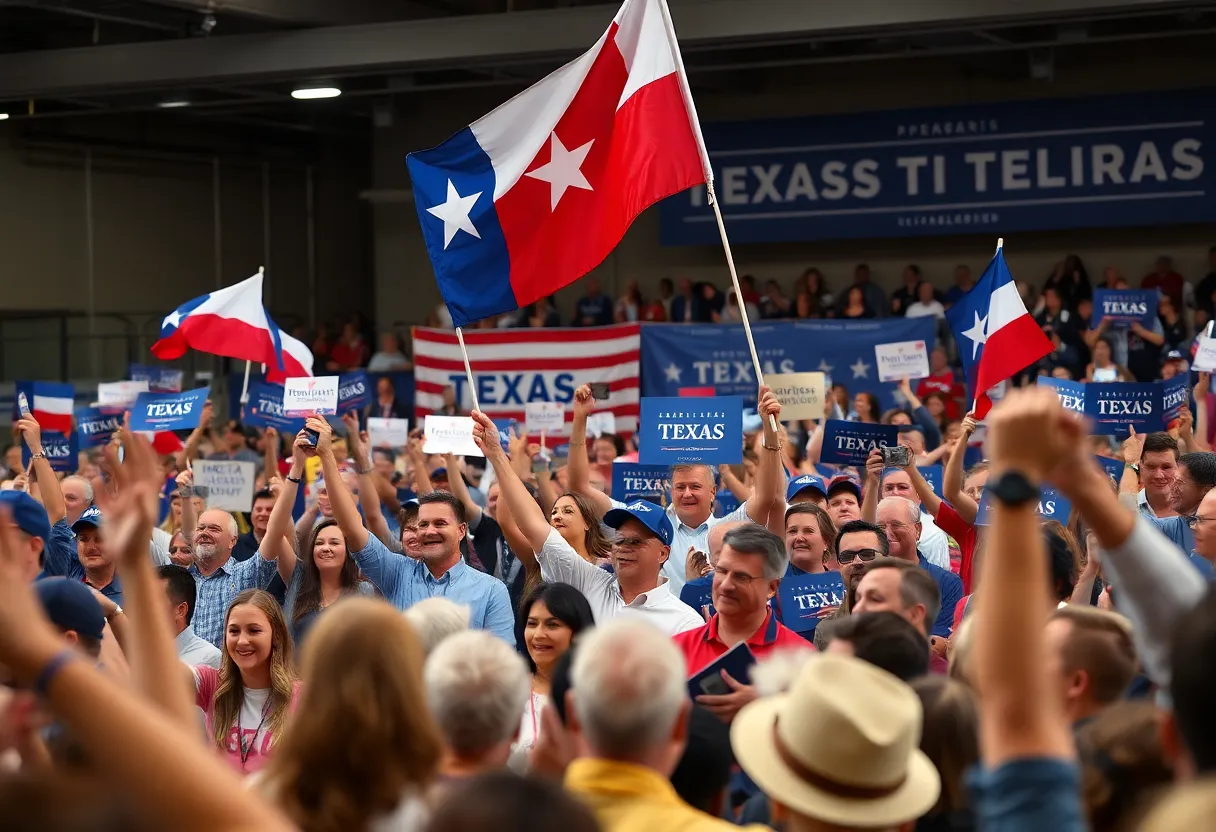 A lively political campaign rally in Texas featuring engaged voters and campaign signs