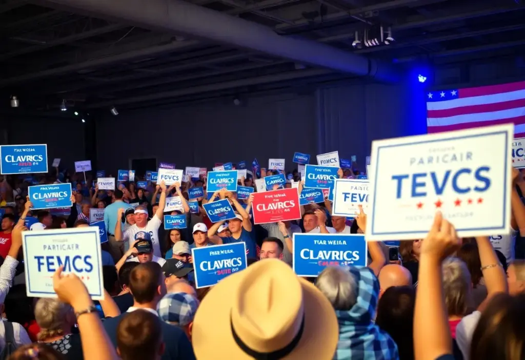 Campaign scene depicting a Texas Senate race with crowds and political signs.