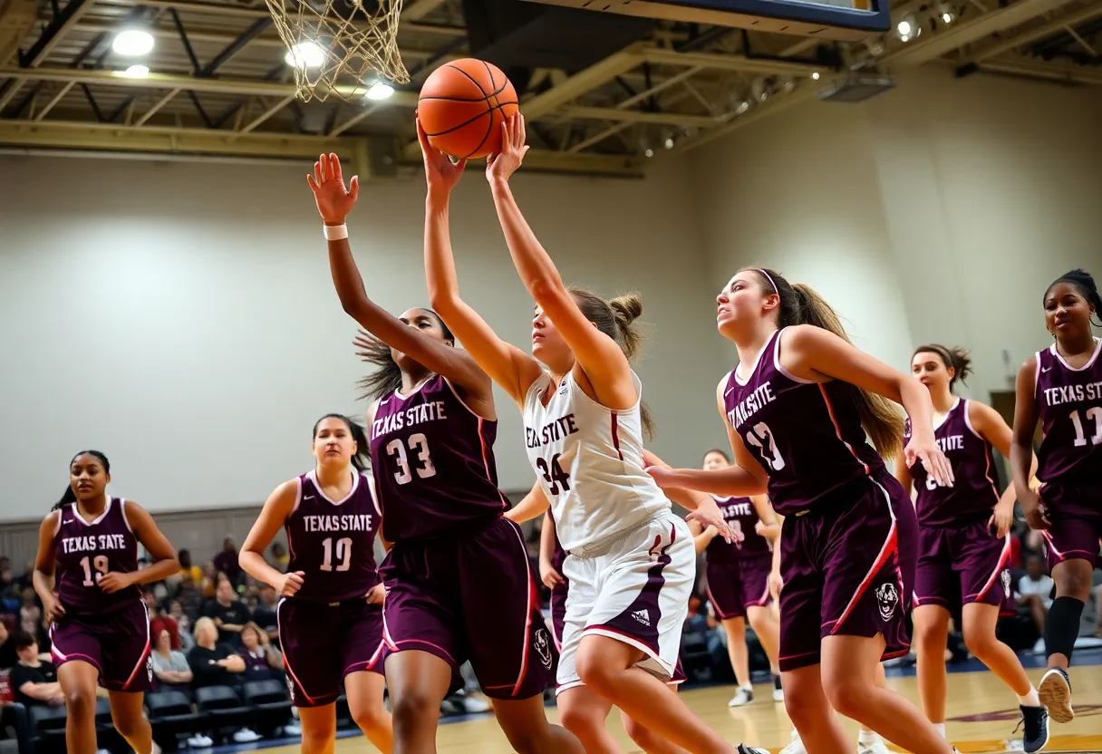 Texas State women's basketball team competing during a game