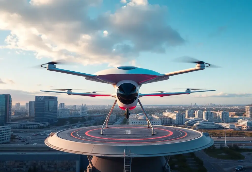 Futuristic vertiport with eVTOL aircraft in an urban setting