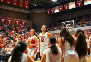 Texas Women's Basketball team celebrating their victory against Kentucky Wildcats