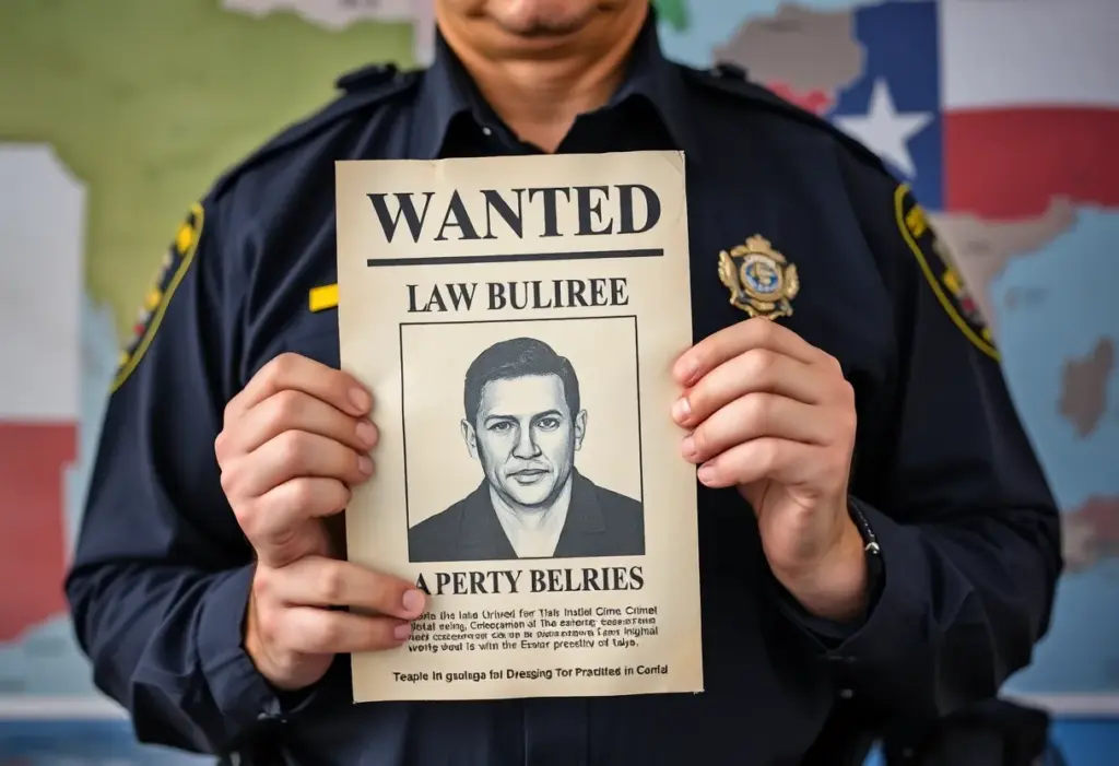 Law enforcement officer showcasing wanted posters in Texas