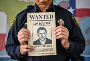 Law enforcement officer showcasing wanted posters in Texas