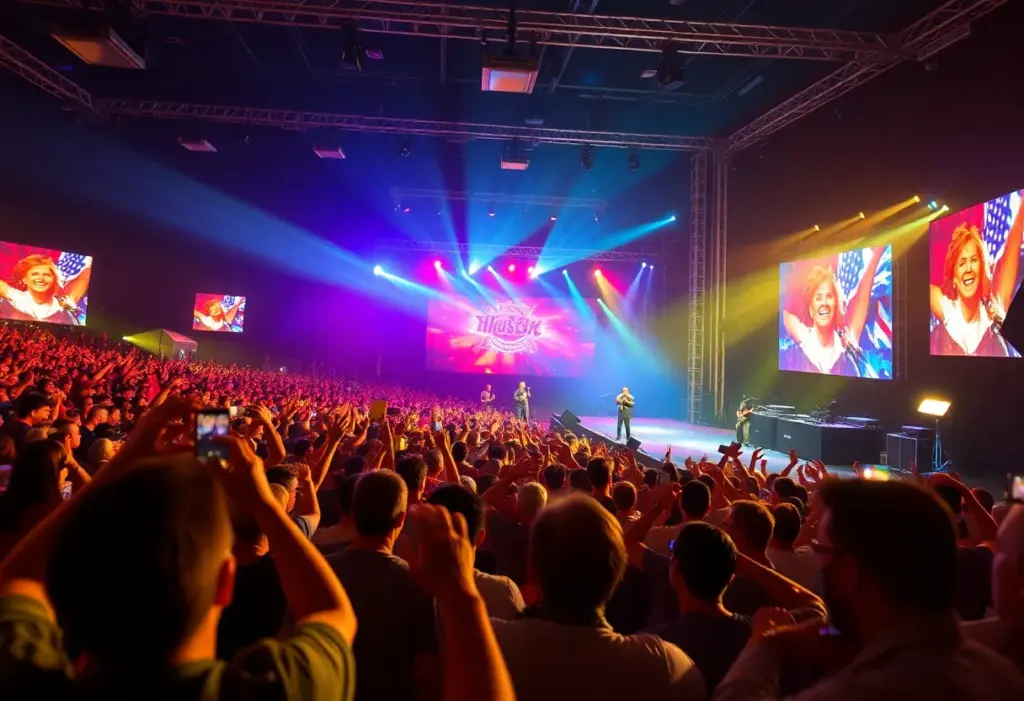 A lively concert photo of a country music performance with a crowd enjoying the show