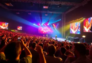 A lively concert photo of a country music performance with a crowd enjoying the show