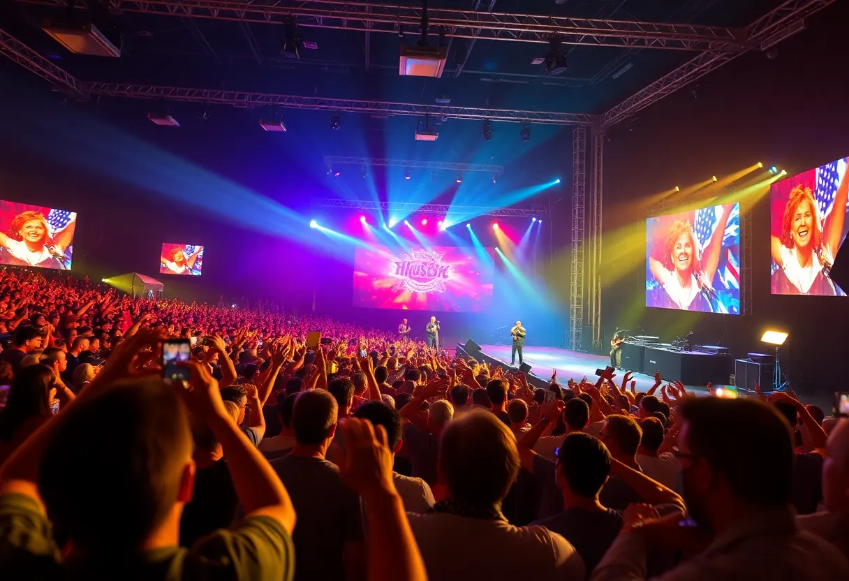 A lively concert photo of a country music performance with a crowd enjoying the show