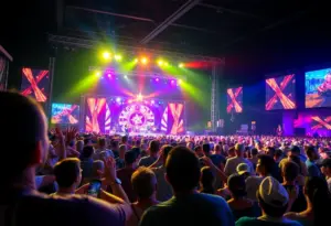 Crowd enjoying Tim McGraw's concert with colorful lights