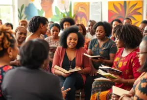 A diverse group of individuals participating in a community event celebrating Black women writers.