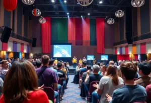 Students engaging in a town hall event with cinematic themes