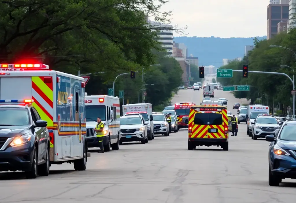 Emergency responders at a traffic accident scene on Barton Springs Road in Austin, Texas.