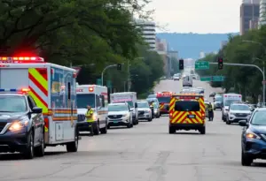 Emergency responders at a traffic accident scene on Barton Springs Road in Austin, Texas.