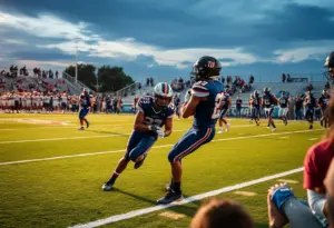 Action shot of a high school football game in Texas during UIL district realignment.