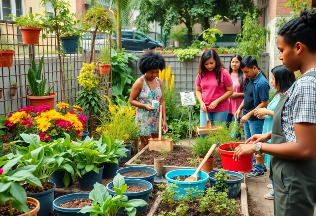 Participants in an urban gardening class in Dallas learning about plants and gardening techniques.