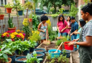 Participants in an urban gardening class in Dallas learning about plants and gardening techniques.