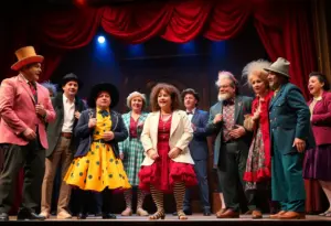 A colorful performance of Urinetown: The Musical featuring actors in elaborate costumes.