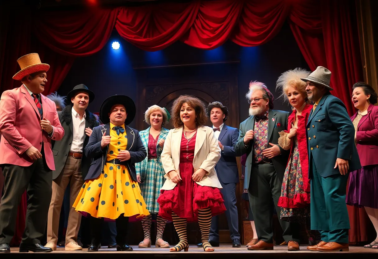 A colorful performance of Urinetown: The Musical featuring actors in elaborate costumes.