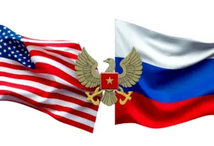 A representation of U.S. and Russian military dialogue signified by intertwined flags and military symbols.