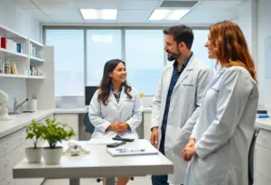 Researchers in a lab conducting a postpartum depression treatment trial at UT Austin.
