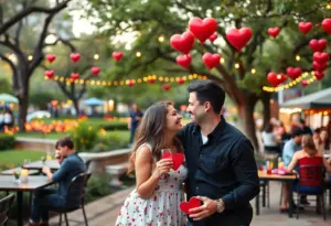 Couples celebrating Valentine's Day in a scenic park in Austin, Texas.