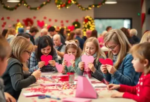 Community members making Valentine's Day cards at the event in Austin