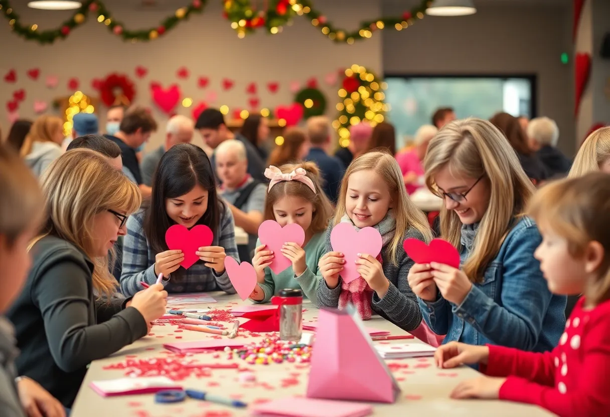 Community members making Valentine's Day cards at the event in Austin