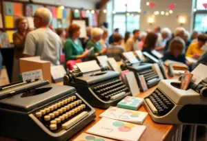 Participants creating poetry on vintage typewriters at a Valentine's Day event