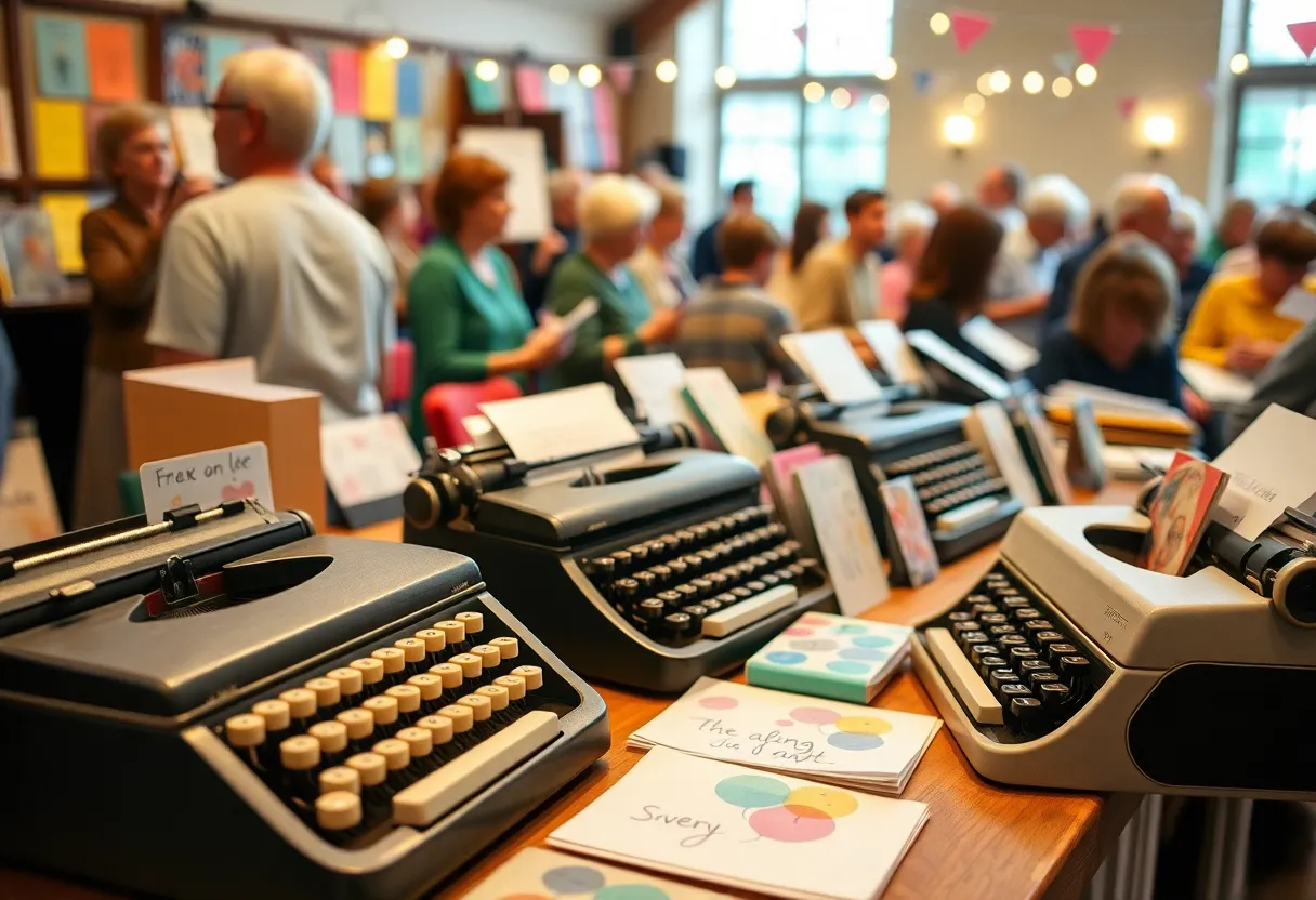 Participants creating poetry on vintage typewriters at a Valentine's Day event