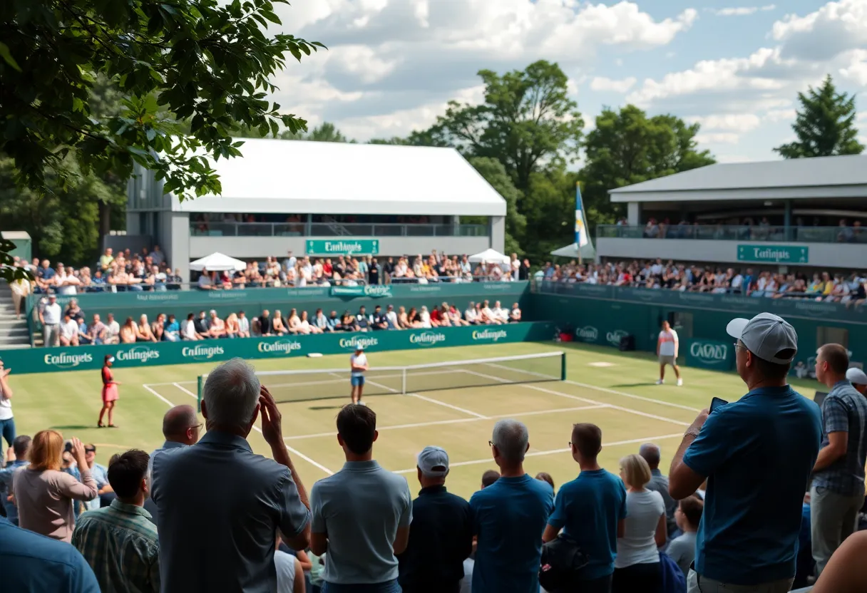 Tennis match scene at ATX Open with players and fans