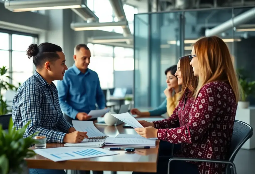 Team at Visio Lending discussing financial strategies in an office