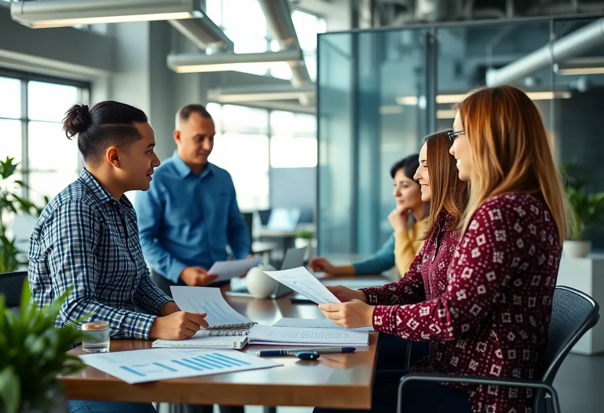 Team at Visio Lending discussing financial strategies in an office