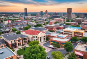 Modern cityscape of Waco, Texas with luxury homes and businesses