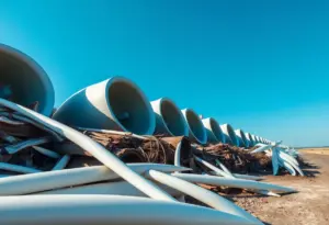 Aerial view of discarded wind turbine blades at an unauthorized dumping site.