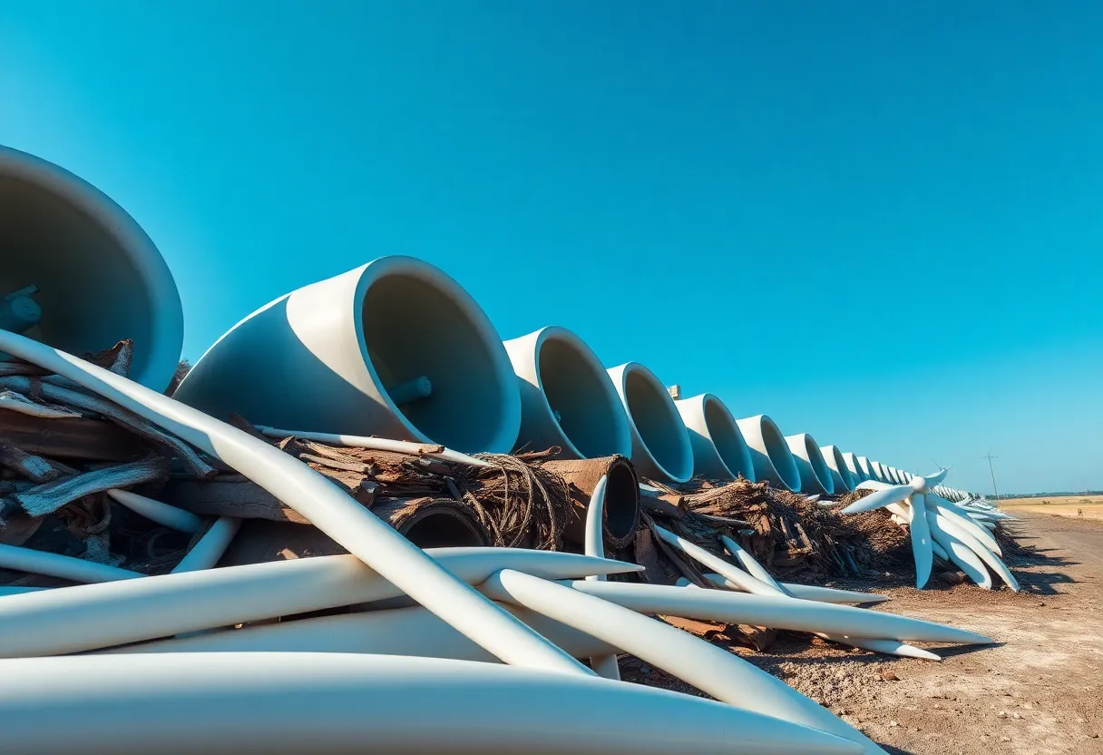 Aerial view of discarded wind turbine blades at an unauthorized dumping site.